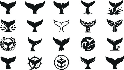 Whale tail logo and marine fluke emblem set featuring black vector silhouettes of humpback tails ocean waves nautical anchors and maritime conservation mascot badges © Rajkumar