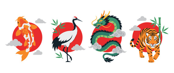 Naklejka premium Traditional asian wildlife symbols with red background.