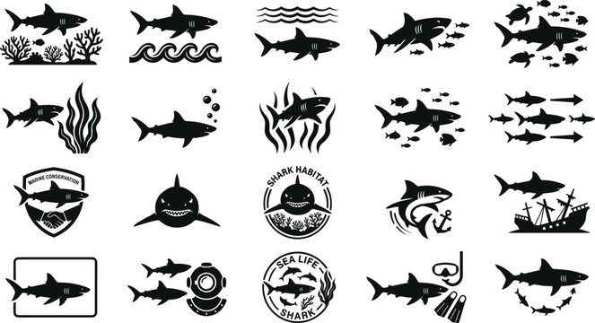 Shark silhouette and marine wildlife icon set featuring black vector graphics of swimming great white sharks coral reefs ocean waves and sea life conservation pictograms