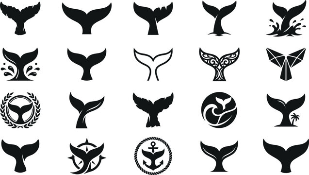 Whale tail logo and marine fluke emblem set featuring black vector silhouettes of humpback tails ocean waves nautical anchors and maritime conservation mascot badges
