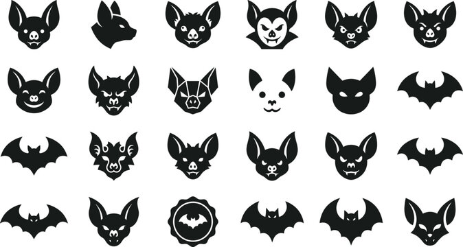 Bat silhouette icon set featuring black vector graphics of flying bats vampire faces spooky halloween creatures and wild nocturnal mammal mascot pictograms
