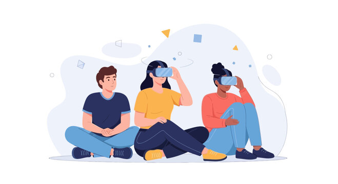 Diverse friends experiencing virtual reality together, immersed in digital entertainment and technology.
