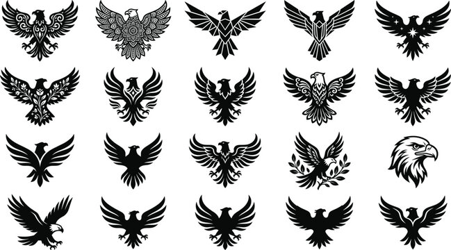 Eagle silhouette logo and majestic hawk flight icon set featuring black vector graphics of flying falcons geometric birds tribal mandalas and heraldic predator mascot pictograms