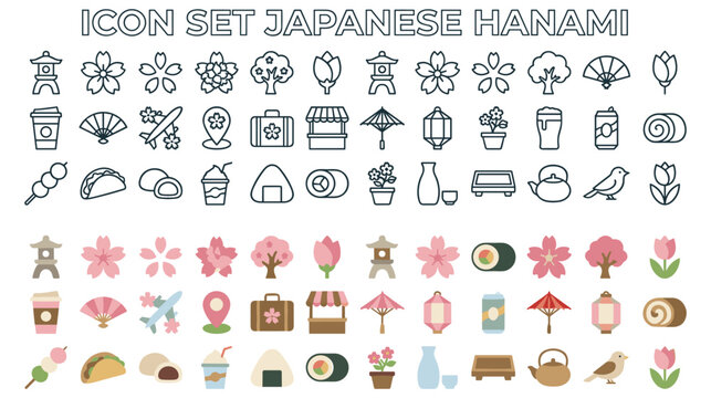 Hanami japanese icon set with flowers and spring items.