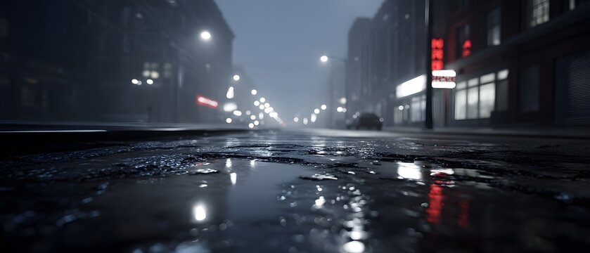 Empty wet asphalt road with puddles in city fog at night