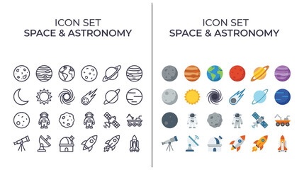 Space and astronomy icon set flat colorful icons. © Ojufa