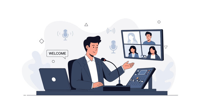 Business speaker leading online meeting with remote participants via video conference, professional presenter engaging audience.