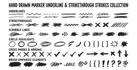 Hand drawn marker underline and strikethrough strokes collection © DreamStudio46