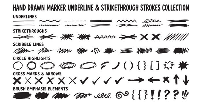 Hand drawn marker underline and strikethrough strokes collection