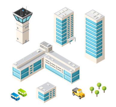 Set of isometric airport buildings including a control tower, terminal, passenger transfer buses, and vehicles on a white background
