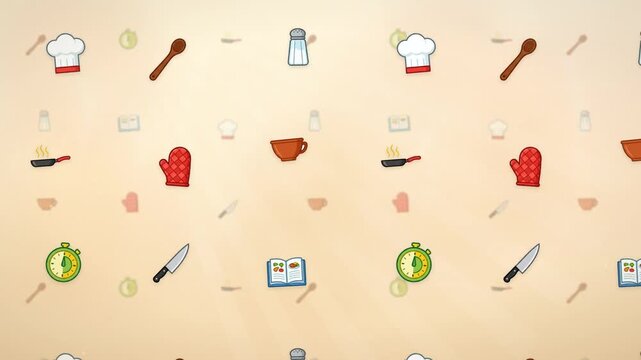 Cooking utensils and kitchen icons floating on warm cream background seamless pattern loop