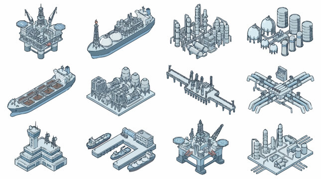 Isometric illustration of industrial and maritime structures.