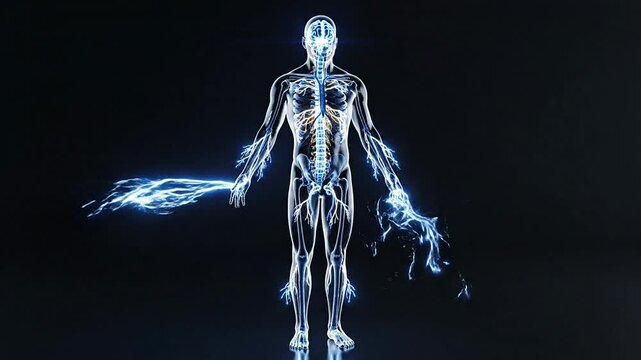 Full Body Male Anatomical Figure Rendered In Glass Showcasing The Entire Nervous System Illuminated Against A Dark Background