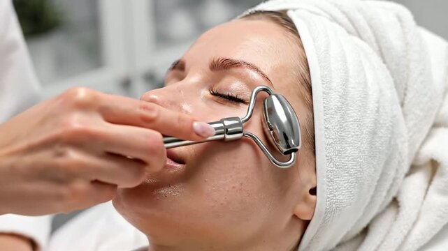 Gentle Stainless Steel Facial Roller Treatment for Rejuvenating Skincare in Spa Environment