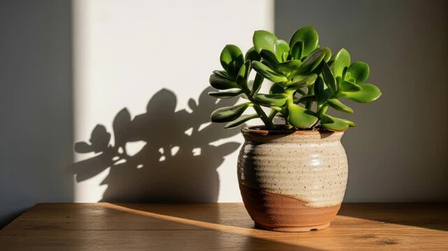 Potted Jade Plant in Sunlight: A healthy jade plant, its plump green leaves catching the warm sunlight, casts a striking shadow on a plain wall. The plant is nestled in a rustic.