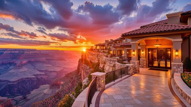 Luxury Resort Overlooking Grand Canyon at Sunset: An opulent resort perches dramatically on the edge of the majestic Grand Canyon.