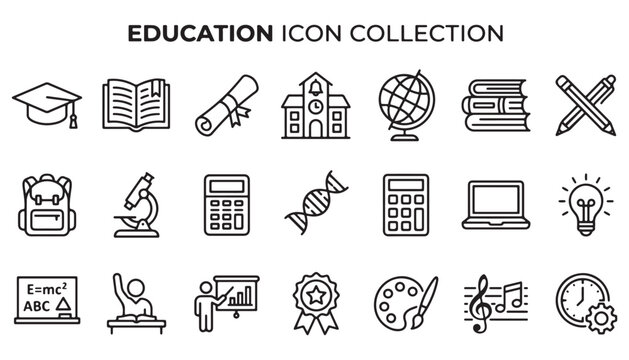Education icon collection with various learning symbols and objects