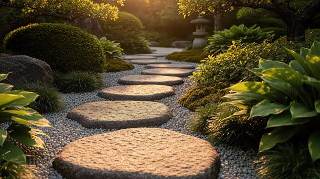 Zen Garden Path: A tranquil stepping stone path winds through a meticulously curated Japanese garden, bathed in the soft, golden light of early morning, creating a serene and contemplative atmosphere.