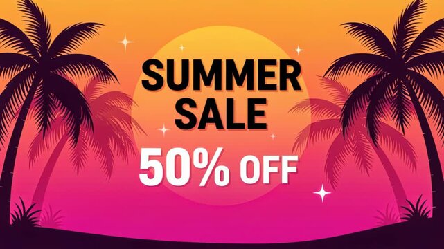 Summer Sale Banner: Vibrant sunset sky with palm trees framing a bold Summer Sale 50% Off message, perfect for promotions and advertisements.