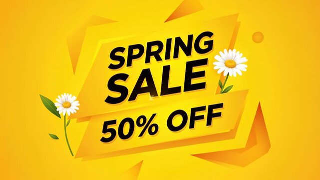 Spring Sale 50% Off Banner: Vibrant yellow banner announces a spring sale with 50% off, decorated with delicate white daisies, conveying a fresh and inviting seasonal offer.