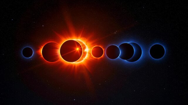 Celestial Dance: A sequence of solar eclipses, from partial to total, depicted with fiery red and cool blue hues, set against a dark, star-speckled expanse.
