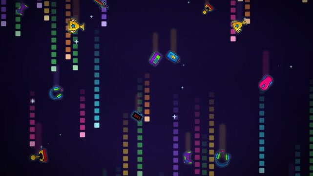 Neon gaming icons with falling pixel rain columns on dark navy background loop animation