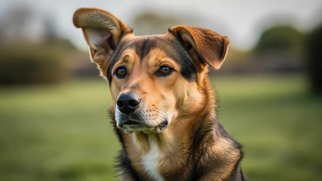 A Loyal Companion: A close-up portrait of a mixed-breed dog with attentive ears and a soulful gaze, set against a soft-focus background of green grass.