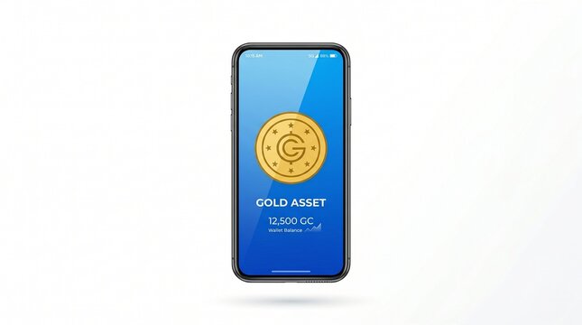 Smartphone Displaying Gold Asset Cryptocurrency Wallet App with Gold Coin Icon, Isolated on White Background