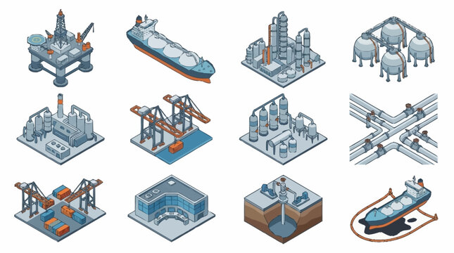 Isometric Industrial and Transportation Infrastructure Illustrations.