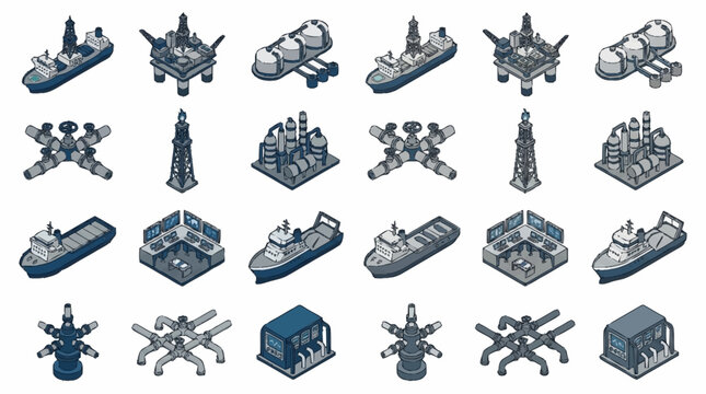 Isometric Collection of Ships and Oil Rigs in Gray.