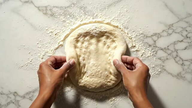 Hands Kneading Fresh Dough on Floured Marble Surface in Kitchen - First-Person Perspective