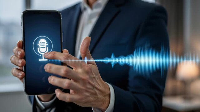 Digital Voice Assistant Interface: A man in a suit holds a smartphone displaying a vibrant voice assistant interface with a microphone icon and a visual sound wave.