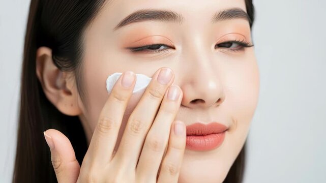 Skincare Ritual: A beautiful young woman with flawless skin gently applies a dollop of cream to her face, showcasing a moment of personal care and rejuvenation.