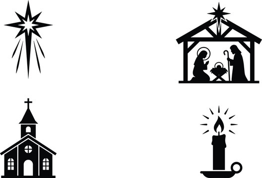 Christmas Nativity Scene and Christian Religion Vector Icon Set Featuring Silhouette Shapes of Bethlehem Star Holy Family Church and Candle