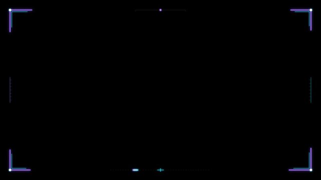 Futuristic digital HUD camera viewfinder overlay with glitchy neon corner brackets on black background.