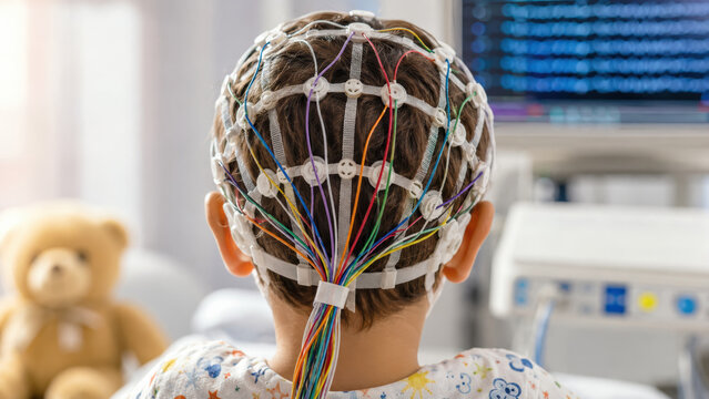 Epilepsy, EEG. Back view of a small EEG electrode cap fitted on a child head, colorful wire leads neatly bundled, pediatric clinic setting