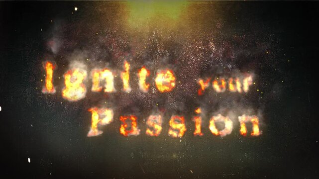 Ignite Your Passion in Flames 4K Loop features text that says Ignite your Passion appearing in flames in front of a rock wall with sparks floating upward in a loop.
