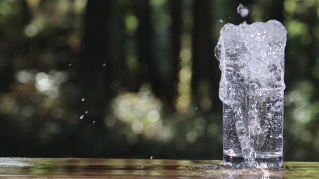 Water pouring into a glass in slow motion with splash. Water pouring creates a clear splash inside the glass. Water pouring slowly splash and bubbles. Water pouring in slow motion fills the glass.