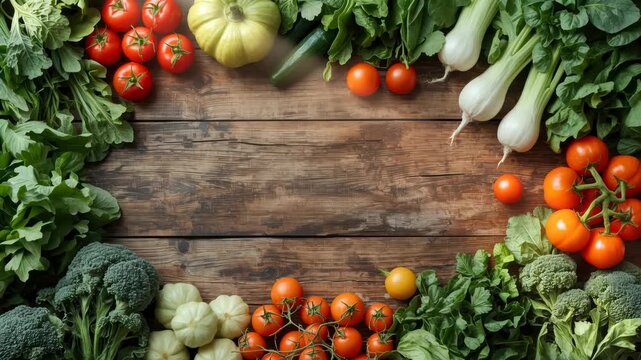 Fresh organic vegetables arranged rustic wooden table evoking healthy farm to table harvest with
