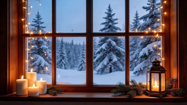 Cozy window view with snowy forest