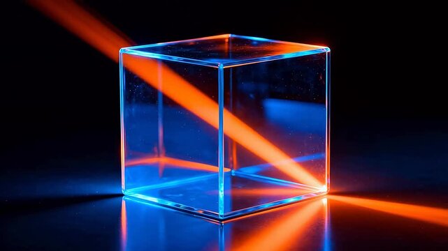 Glass cube with colored light beams