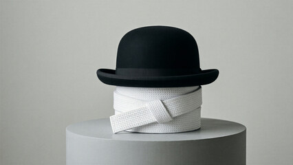 karate gentleman concept with black bowler hat on white belt