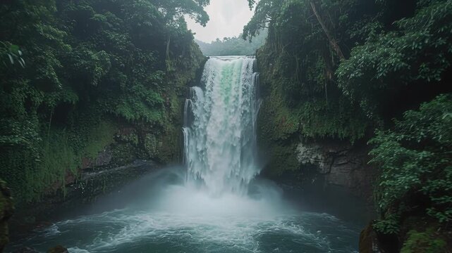 Lush tropical rainforest waterfall cascading into turquoise pool with misty serene tropical vibe