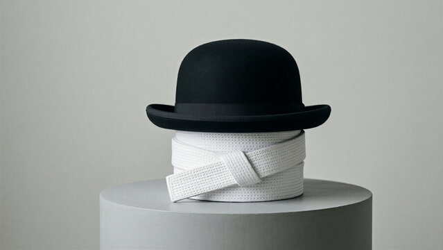 karate gentleman concept with black bowler hat on white belt
