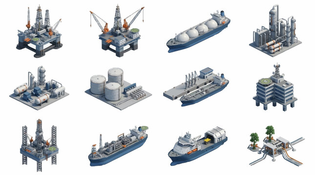 Isometric Industrial Oil Rig and Ships Collection.