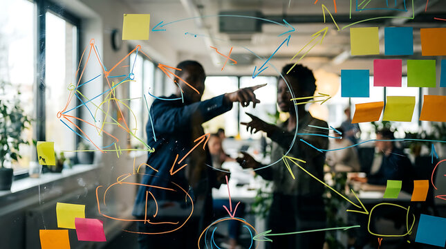 Diverse business colleagues collaboratively developing innovative strategies, discussing ideas drawn on a glass planning board adorned with colorful sticky notes in a dynamic office