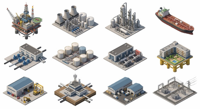 Isometric industrial buildings and oil rigs collection.