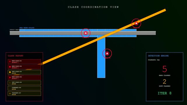 a digital bim modeling interface showing structural clash coordination analysis across iterative design phases as beams intersect with beams in a dark virtual software workspace environment