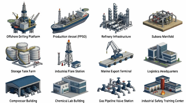 Collection of Industrial and Maritime Infrastructure Illustrations.