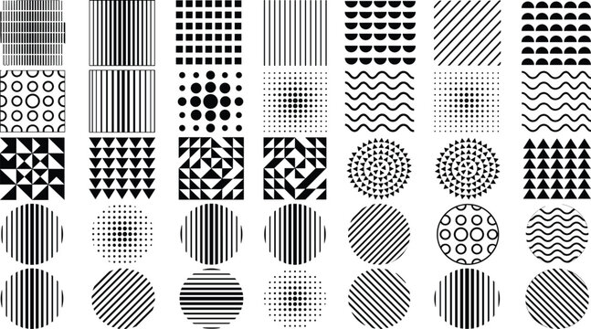 Set of black and white geometric pattern swatches for modern graphic design and background textures